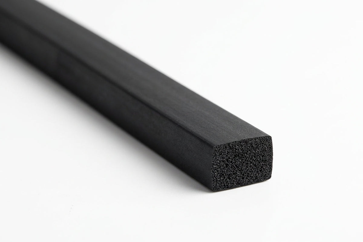 Black square-profile sponge strip cut end on white background showing porous closed-cell texture