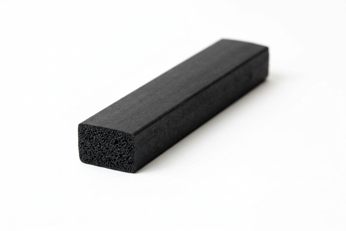 Short rectangular black sponge strip with visible porous cut face