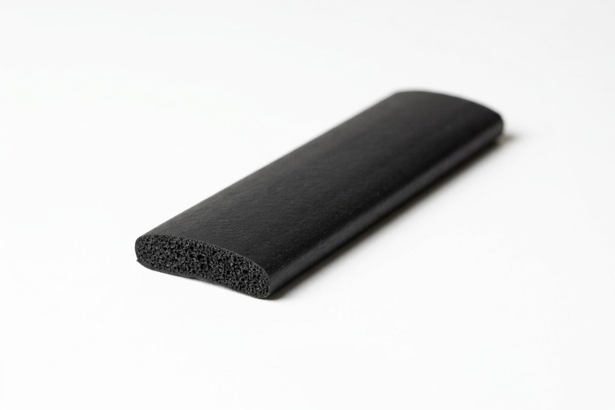 Flat black sponge strip with domed top, angled studio shot