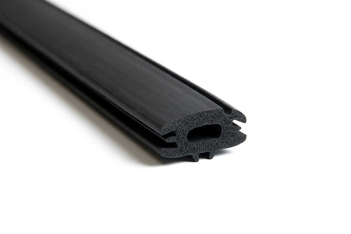 Angled view of black rubber sealing strip with ribbed flange and hollow bulb