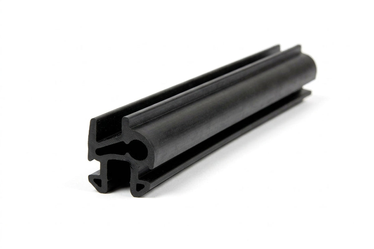 Black rubber quarterlight seal length shown at an angle, twin-bulb profile