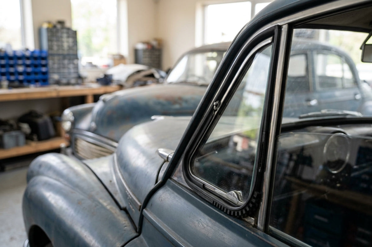 Seal runs around the front quarterlight of an unrestored grey classic car