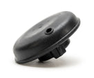 Domed black rubber fuel send unit cover on white background, studio shot