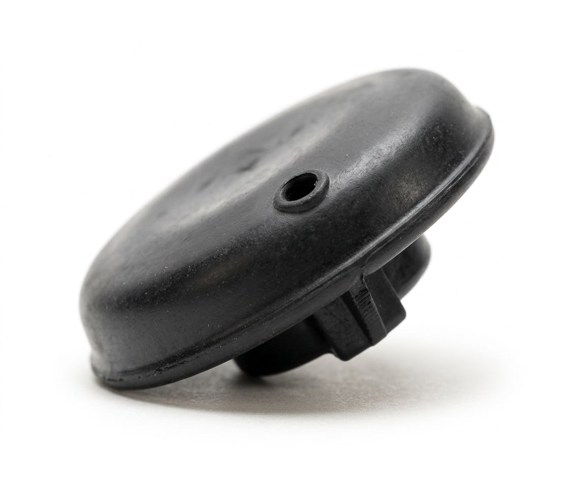 Domed black rubber fuel send unit cover on white background, studio shot