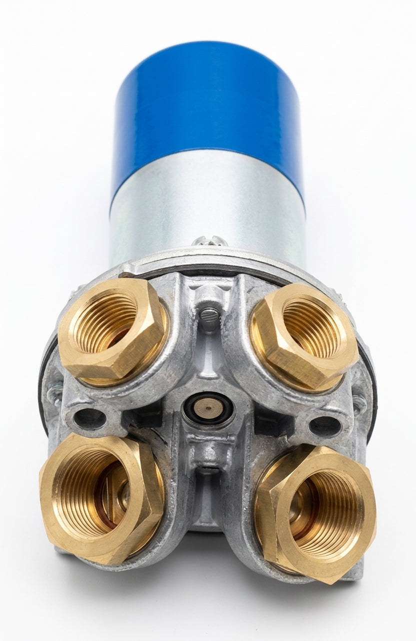 Close-up front view of the fuel pump's brass fittings and blue housing