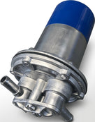 Fuel pump with blue cap and twin metal outlet ports, angled studio shot on white background