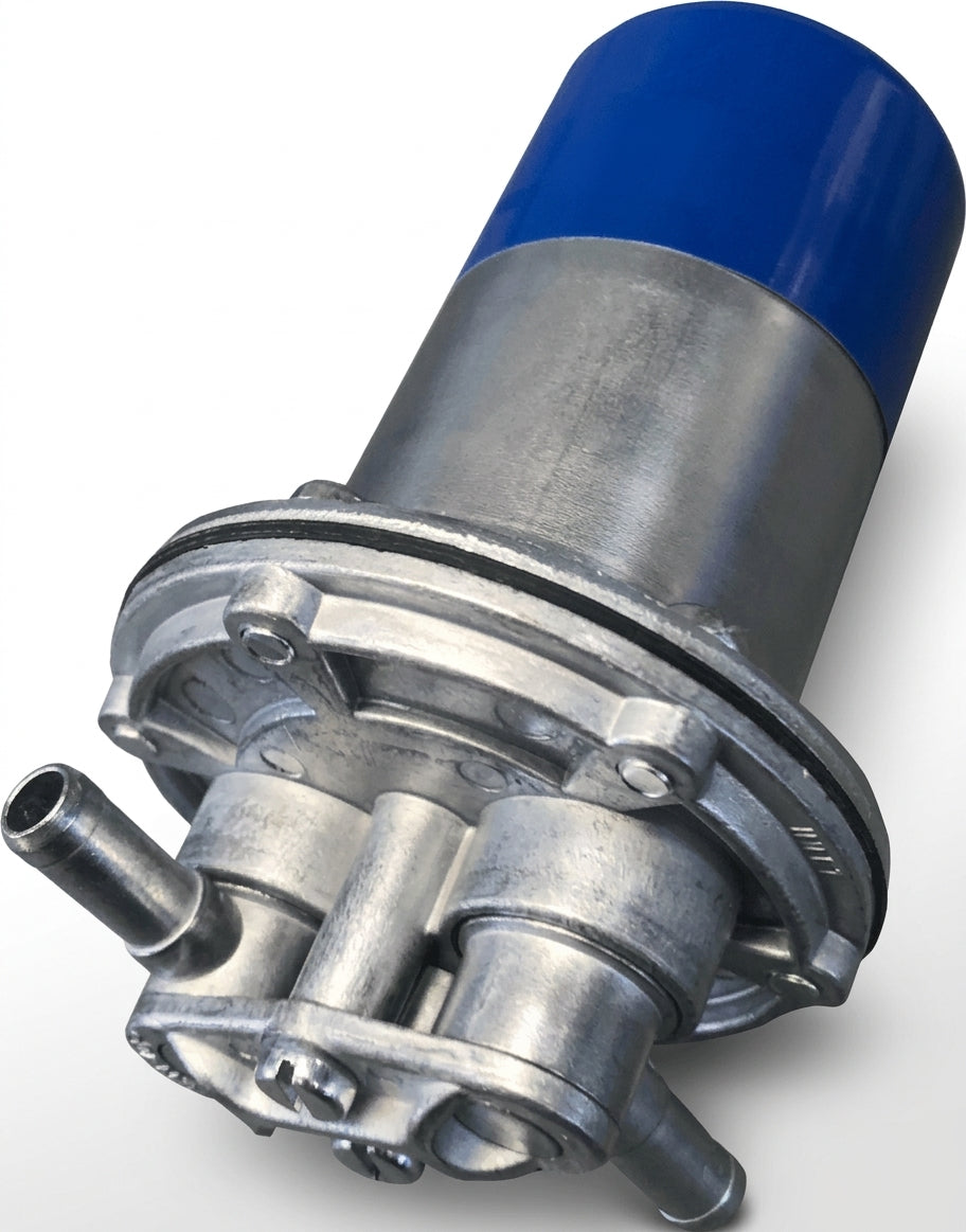 Fuel pump with blue cap and twin metal outlet ports, angled studio shot on white background