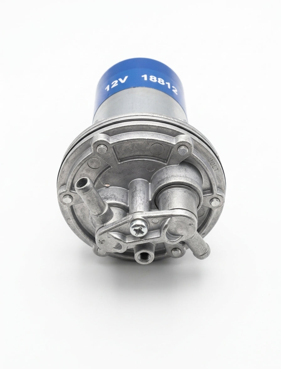 Fuel pump rear view showing twin outlet ports and 12V 18812 marking on the blue cap