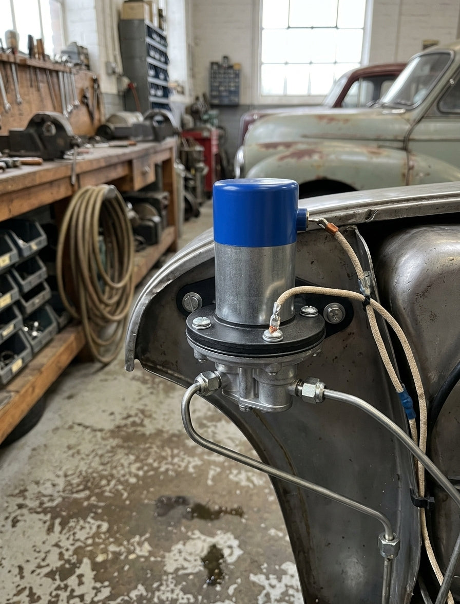 Fuel pump with blue cap fitted to the inner wing of a car in a workshop, vintage trucks behind