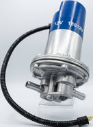 Fuel pump with blue cap marked 12V 18812V, angled studio shot on a clear acrylic stand