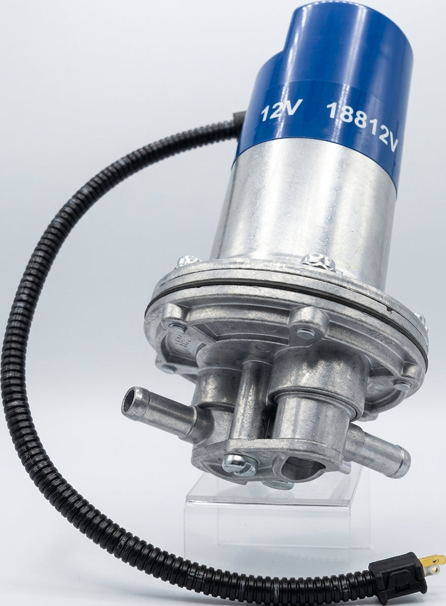 Fuel pump with blue cap marked 12V 18812V, angled studio shot on a clear acrylic stand