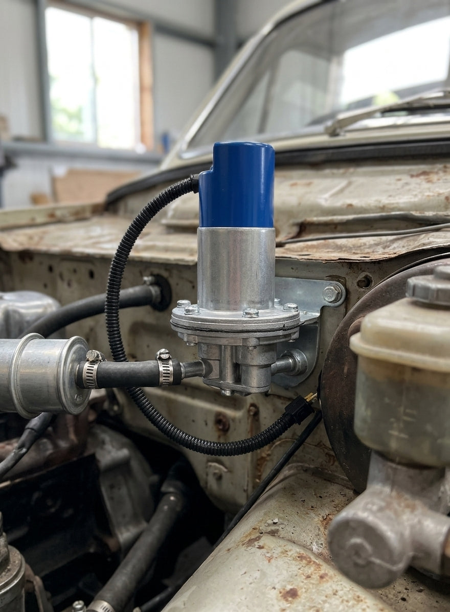 Fuel pump with blue cap fitted in the engine bay of a weathered classic car