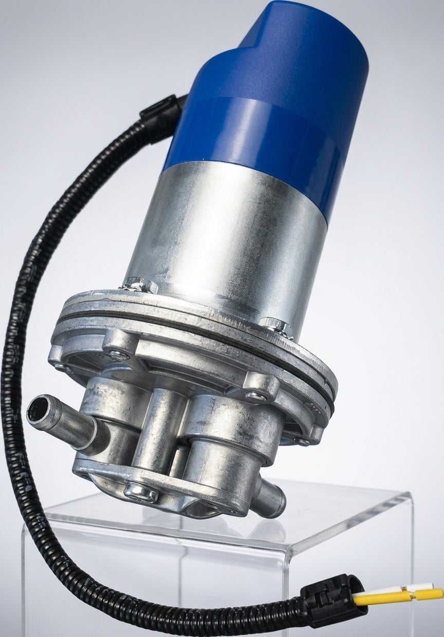 Fuel pump with blue cap and silver body, angled studio shot on a clear acrylic stand
