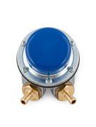 Top-down studio shot of fuel pump with blue cap and two brass barbed outlet ports