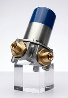 Cylindrical electronic fuel pump with blue top and brass unions, studio shot on clear plinth