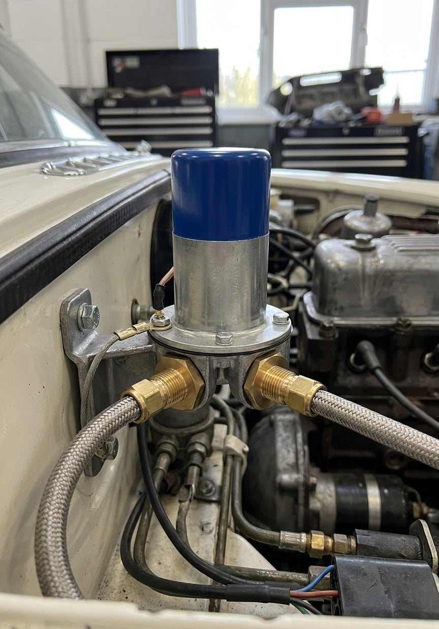 Electronic fuel pump with blue top installed on wing of a classic car in a workshop