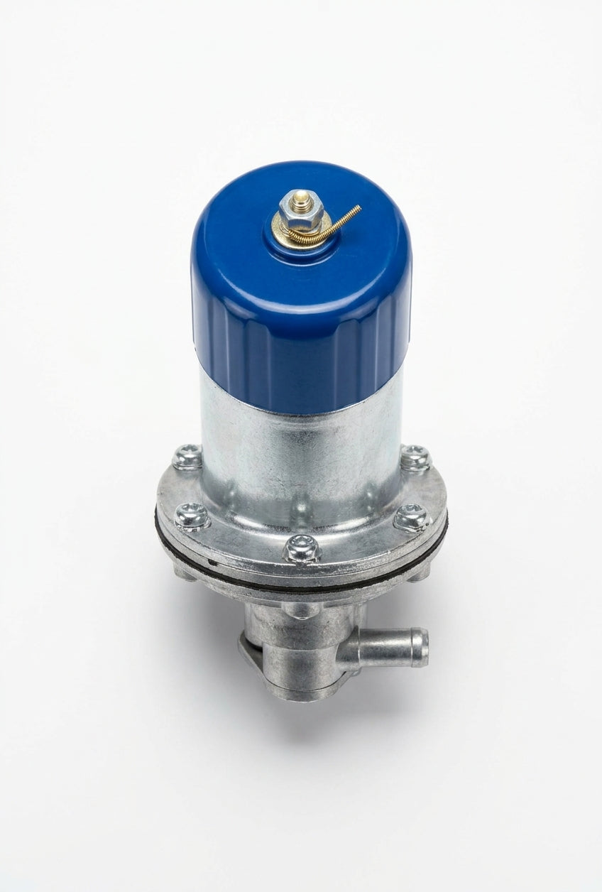 Cylindrical electronic fuel pump with blue cap and diaphragm base, studio shot on white background