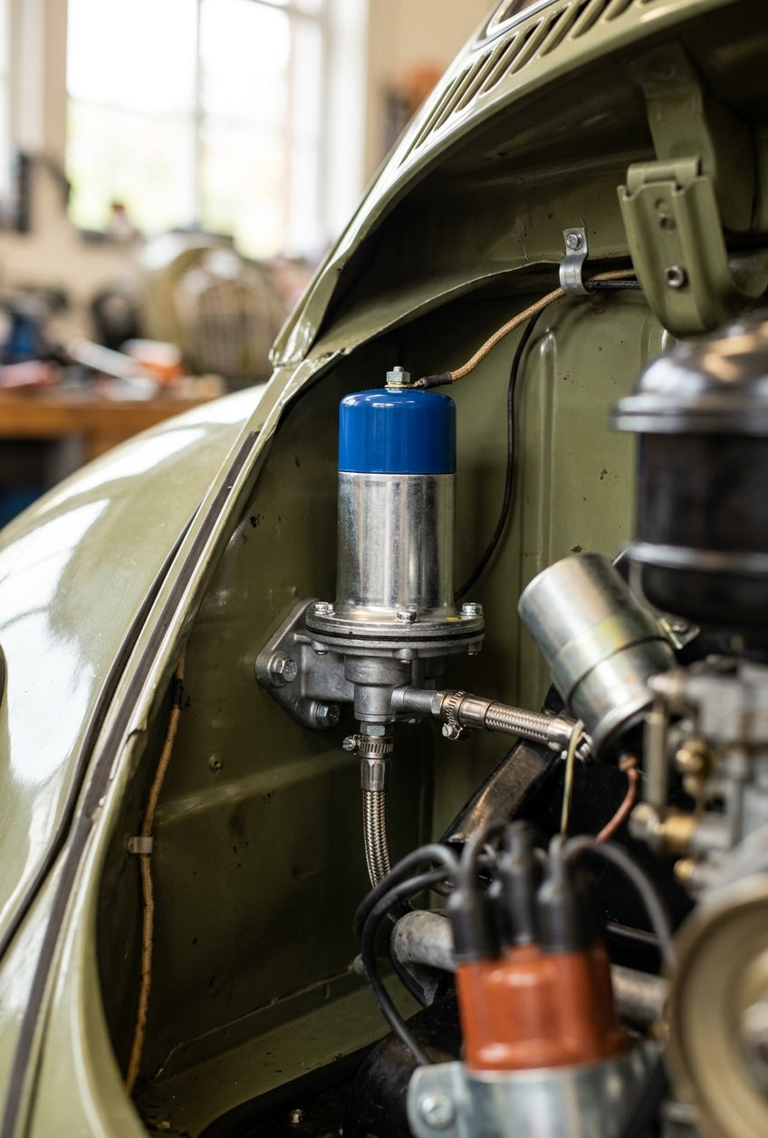 Fuel pump with blue cap fitted in the engine bay of a green classic car, braided fuel line attached
