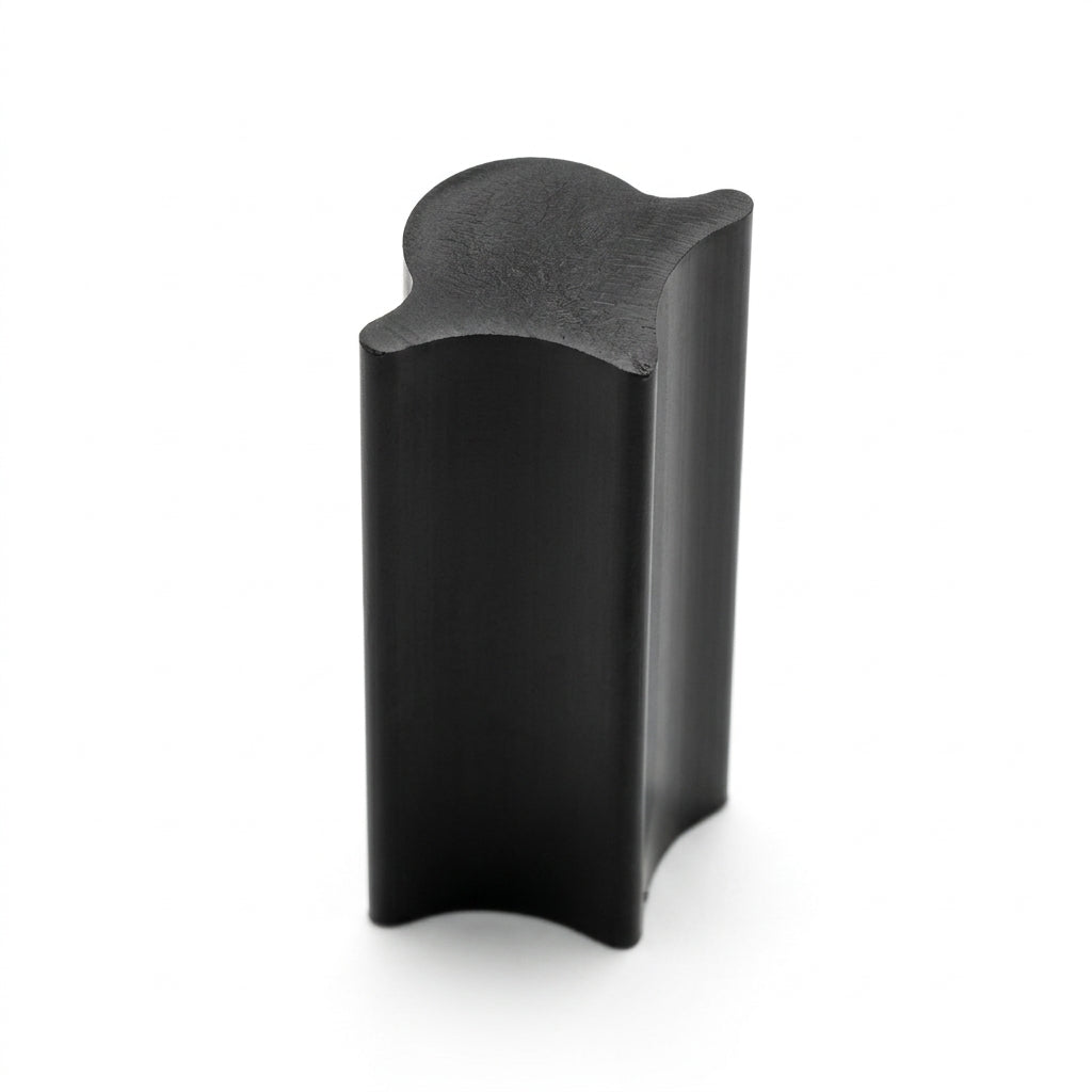 Black PVC locking strip, angled end-on view on white background