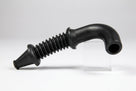 Black ribbed door grommet with curved spout, on stand, white background