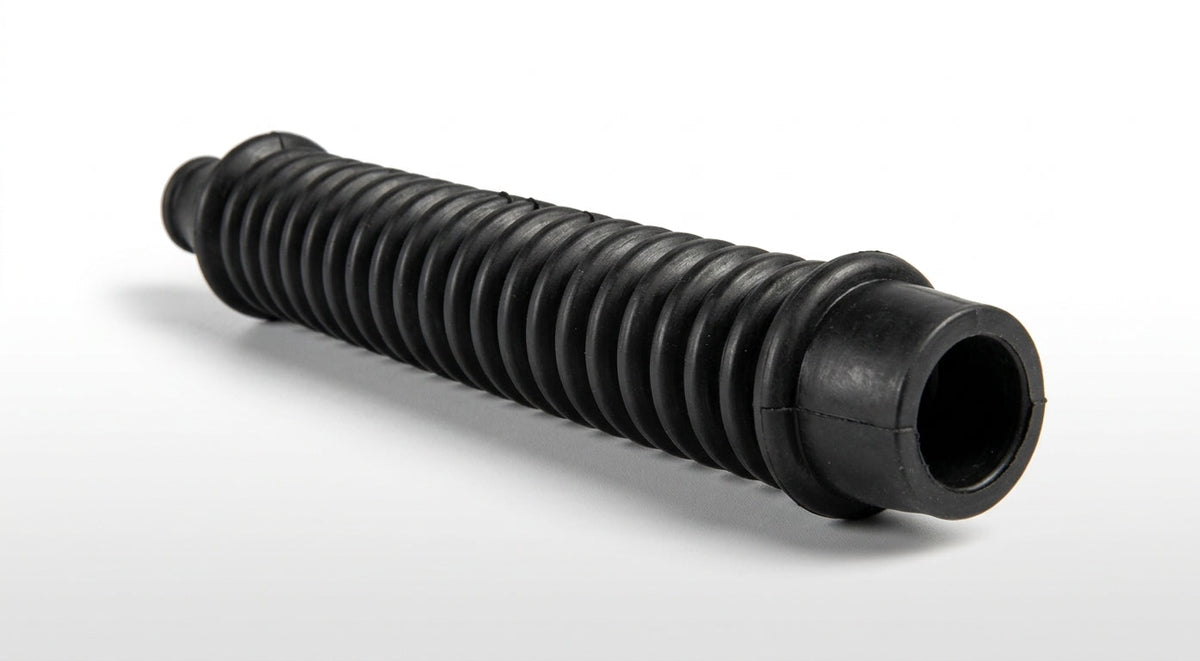 Black ribbed rubber aerial grommet tube on white background