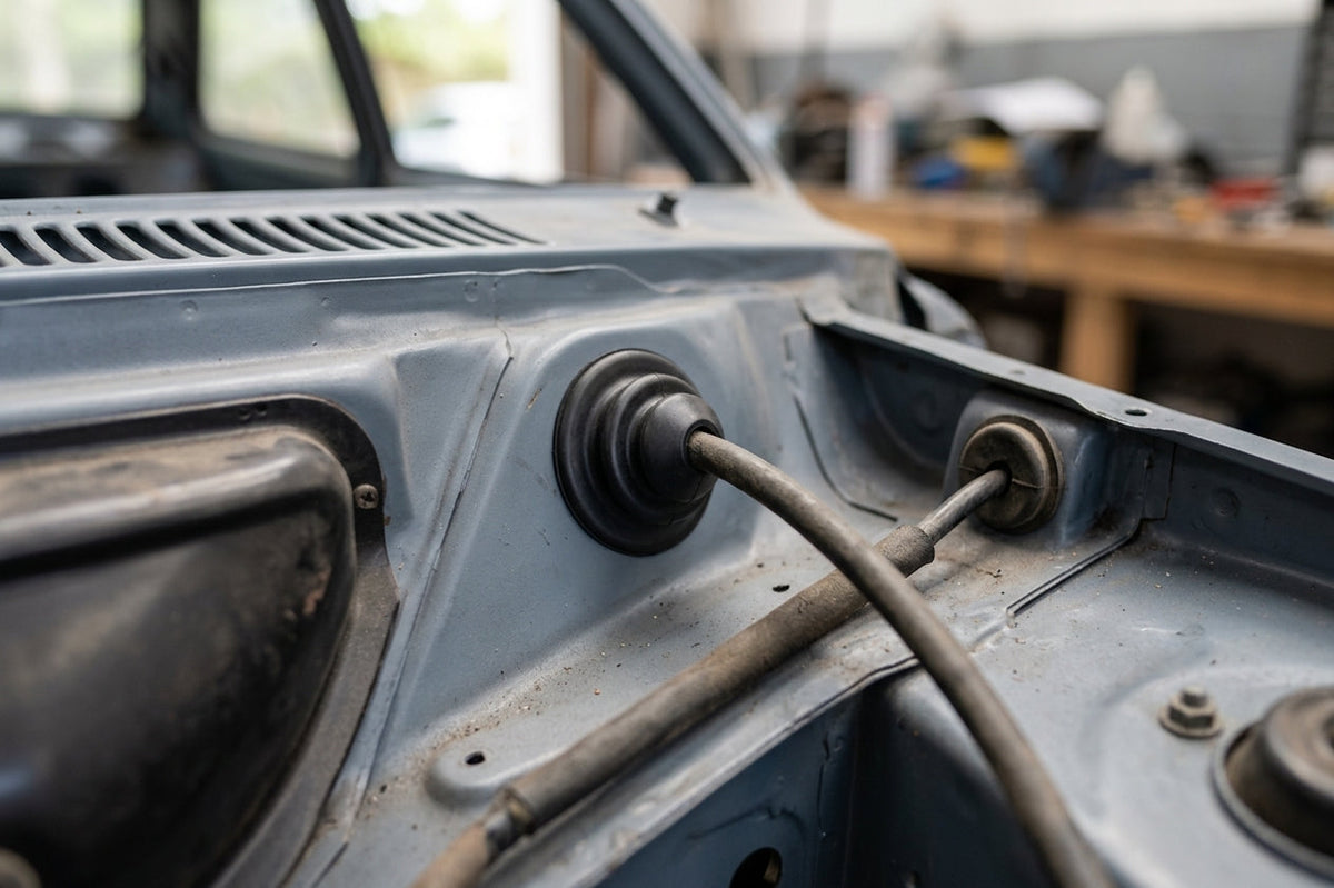 Two black grommets in the bare grey bulkhead of a stripped classic car, a cable threaded through the right-hand one