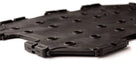 Black perforated seat diaphragm with fitting hooks, close-up studio shot
