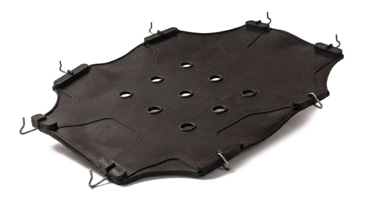 Black perforated seat diaphragm with wire corner hooks, studio shot on white