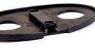 Black oval door striker gasket with twin holes, studio shot