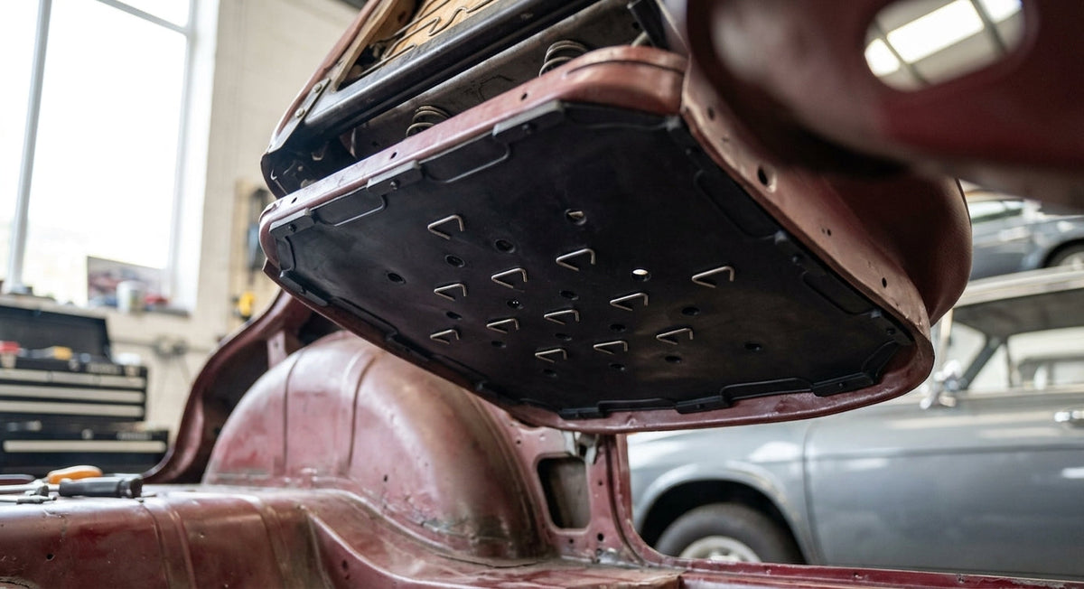 Perforated seat diaphragm fitted to a seat base in a maroon classic car interior