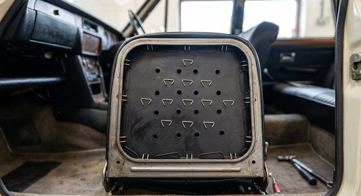 Perforated black seat diaphragm fitted within a seat frame in a car interior