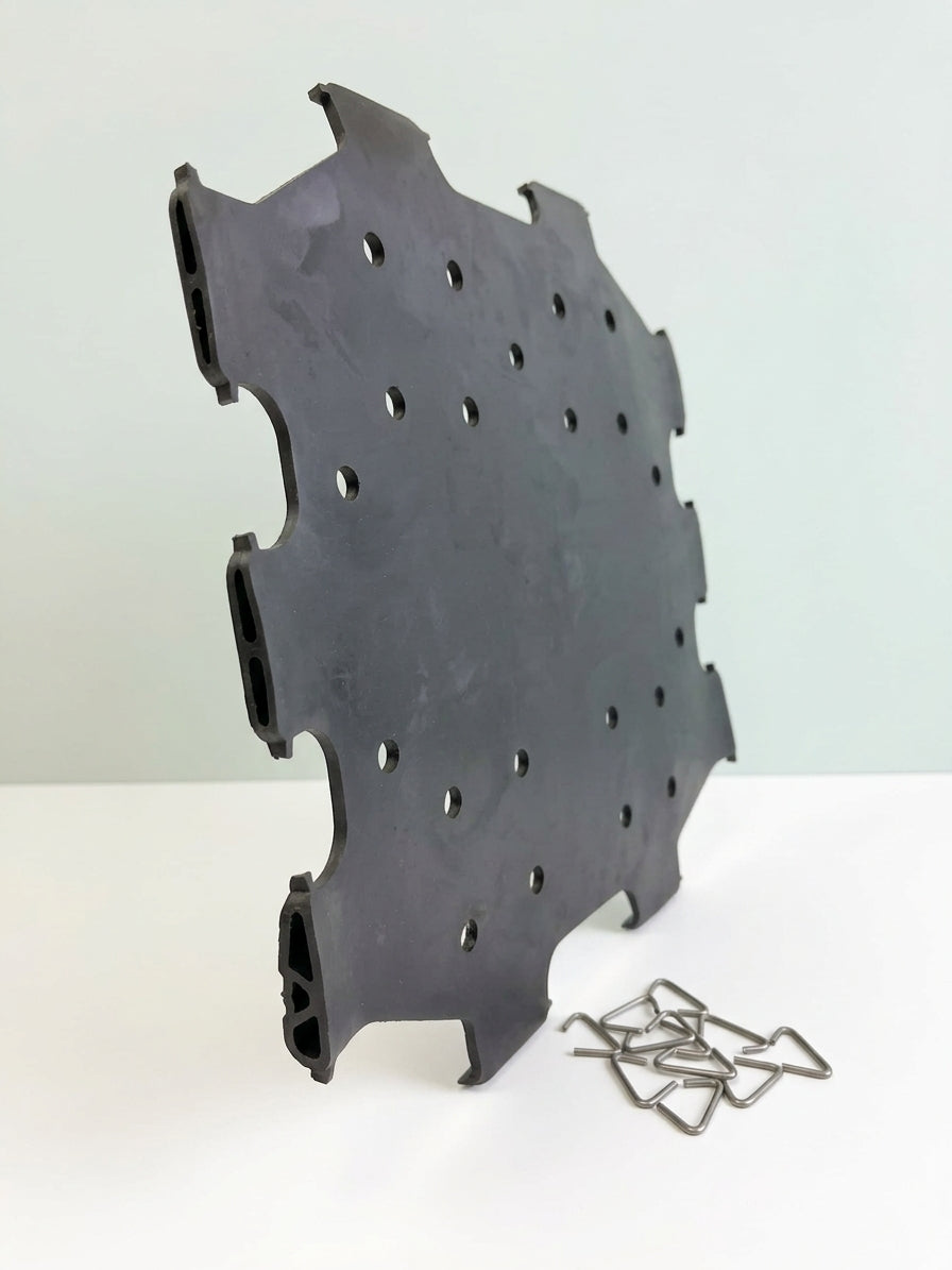 Black moulded seat diaphragm panel with punched holes, standing upright on white background
