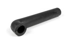 Black rubber drain pipe moulding with an angled end, studio shot