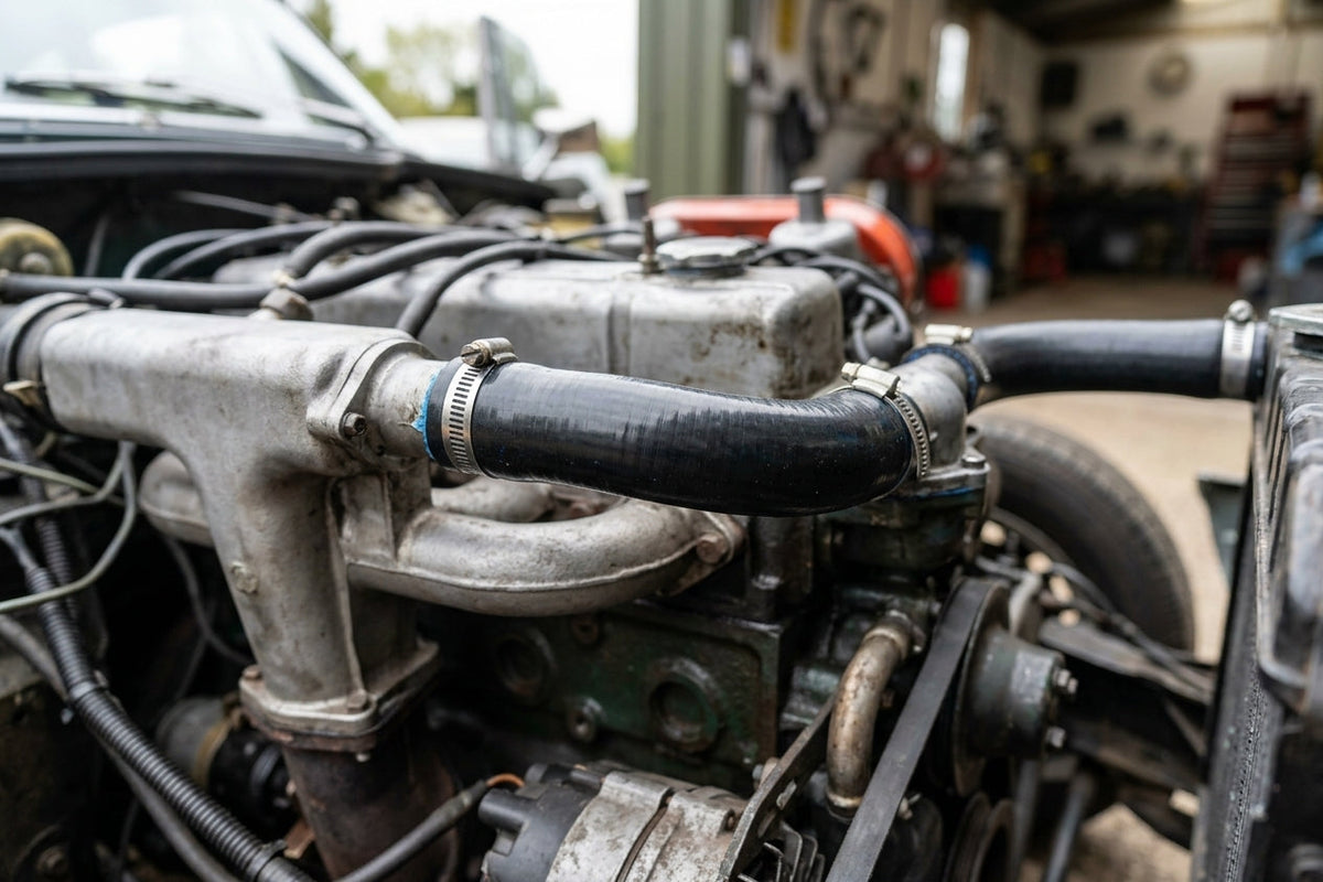 Short black hose clamped between the alloy inlet manifold and the water outlet, workshop doorway behind