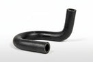 S-shaped black ribbed water hose on white background, studio shot