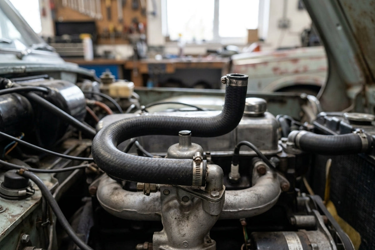 Black hose looping up from the inlet manifold with its open end raised, stripped Herald engine bay in a workshop