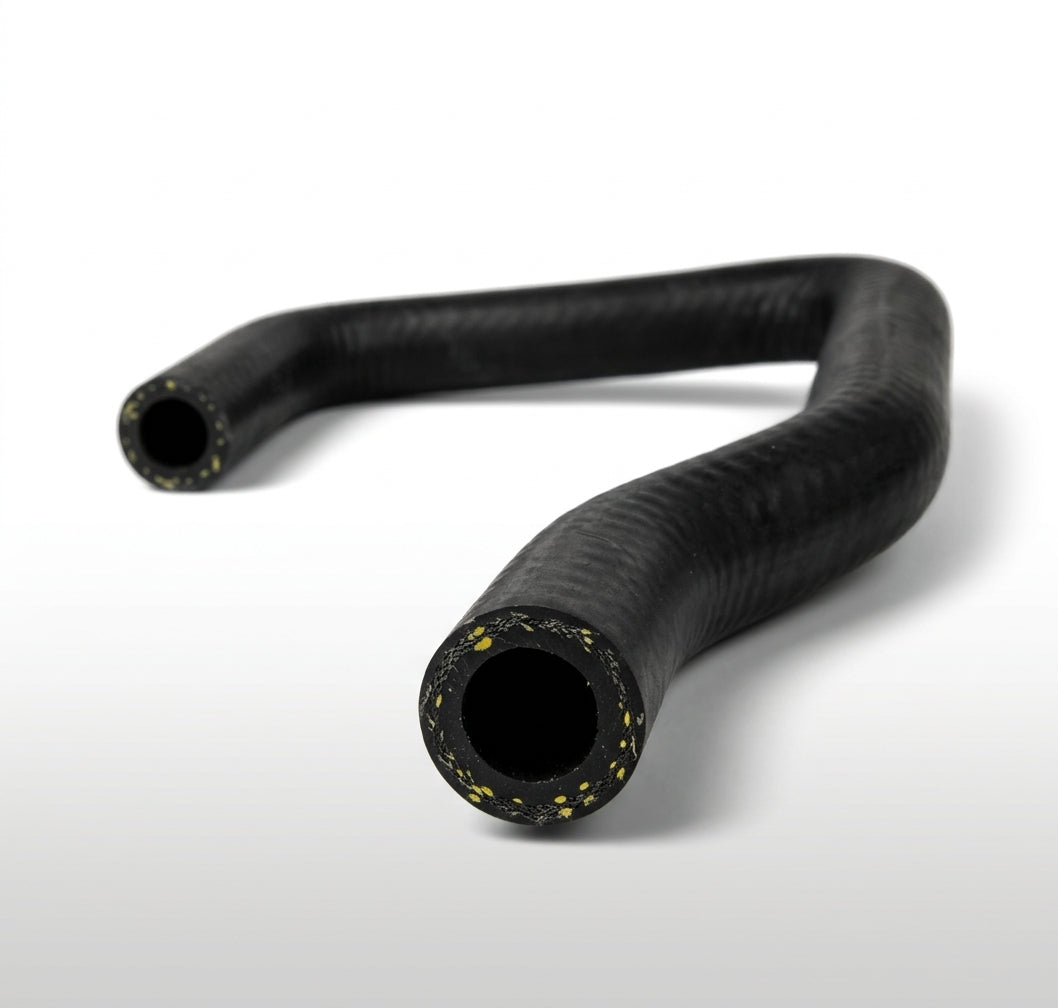 Black U-shaped rubber breather hose with Kevlar threads exposed at both cut ends