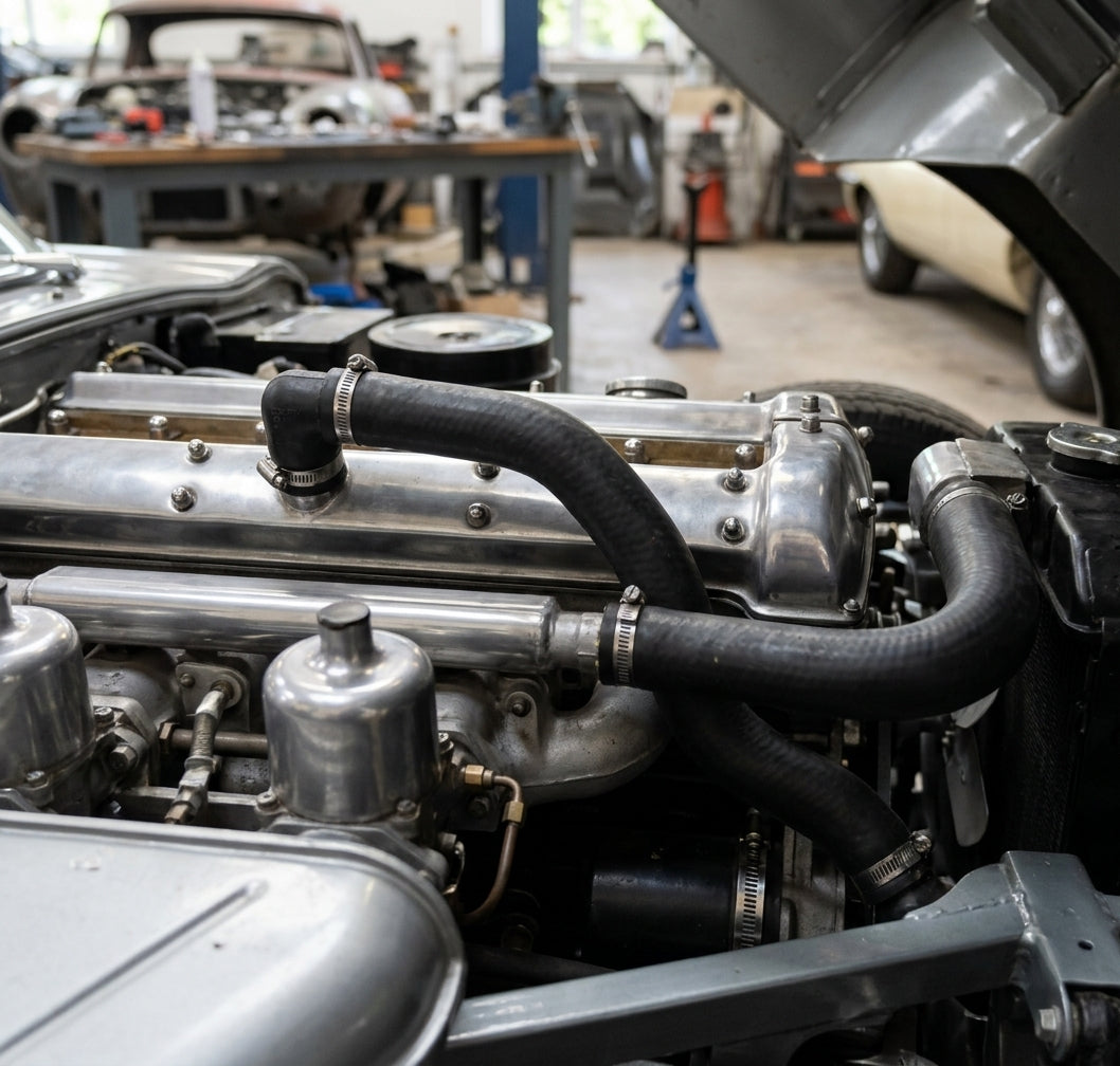 Black breather hose fitted between the rocker cover and inlet manifold in the engine bay