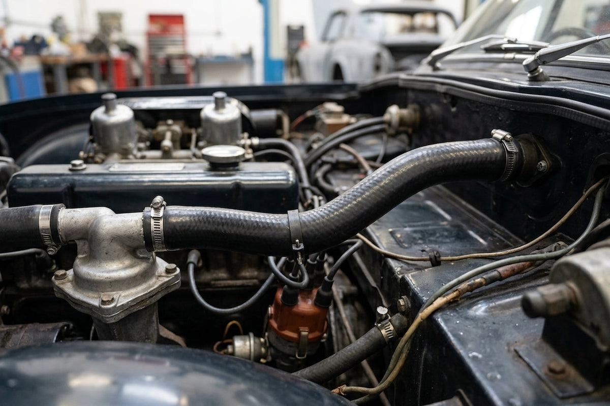 Black heater hose fitted with jubilee clips in a classic Triumph engine bay