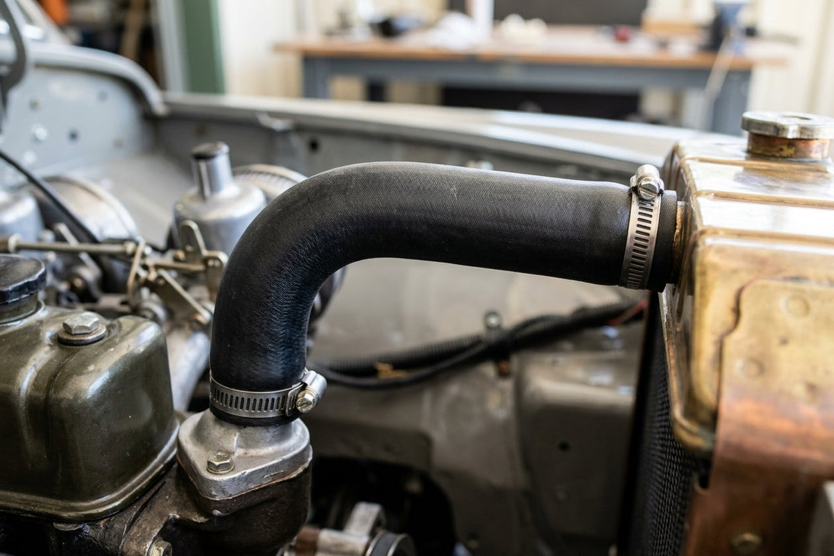 Black hose bending from the engine outlet to a brass-topped radiator, clamped at both ends in a workshop