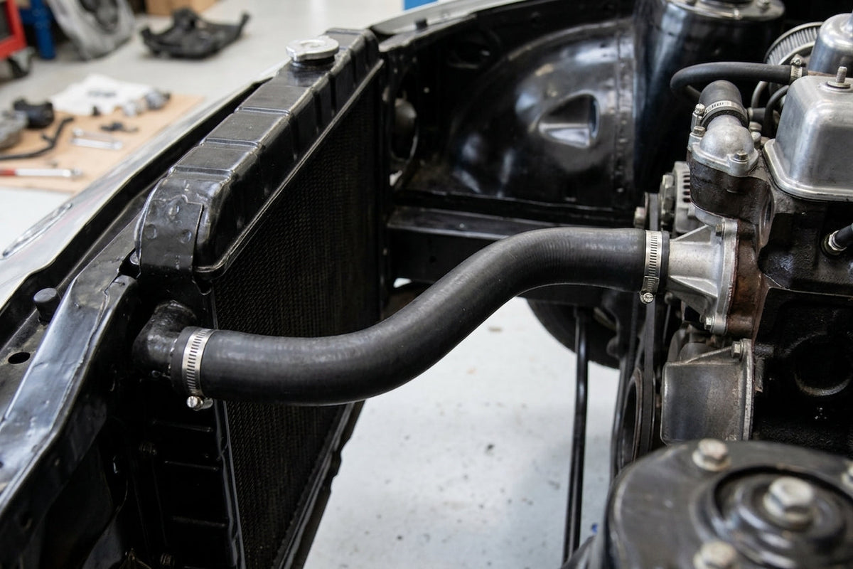 Black bottom hose linking the radiator's lower outlet to the water pump, bonnet off in a workshop