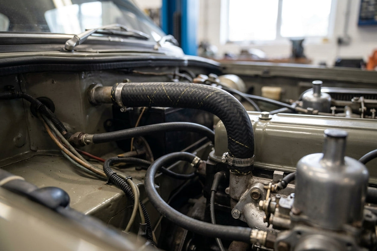 Black heater hose fitted beside the carburettors in a Triumph engine bay