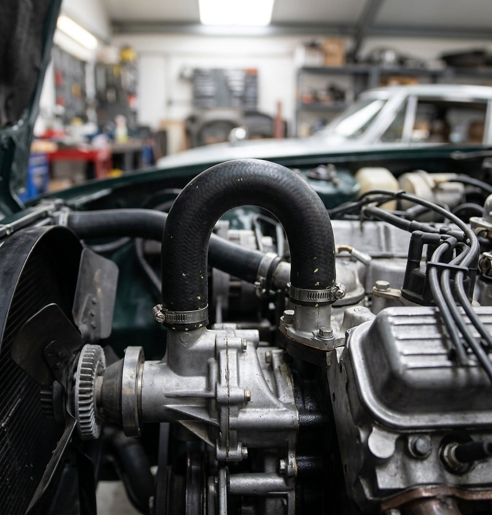 Black hose in a tall inverted U above the alloy water pump, green Stag bodywork and workshop behind