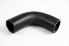 Black moulded radiator hose with 90-degree bend, studio shot on white