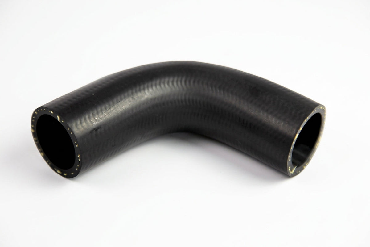 Black moulded radiator hose with 90-degree bend, studio shot on white