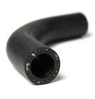 Black textured hose with 90-degree bend and reinforced cut end, studio shot