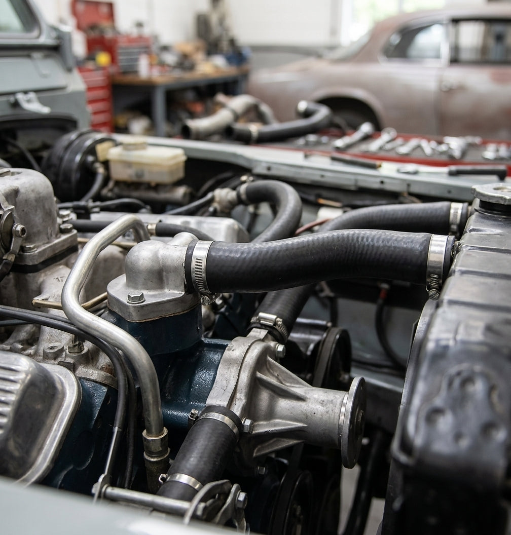 Black hose crossing the V8 between thermostat housing and pump, spanners on a bench and a bare shell behind