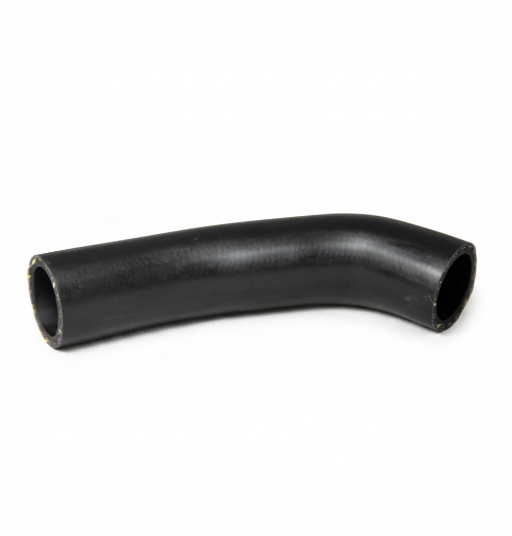 Curved black radiator hose on white background, studio shot