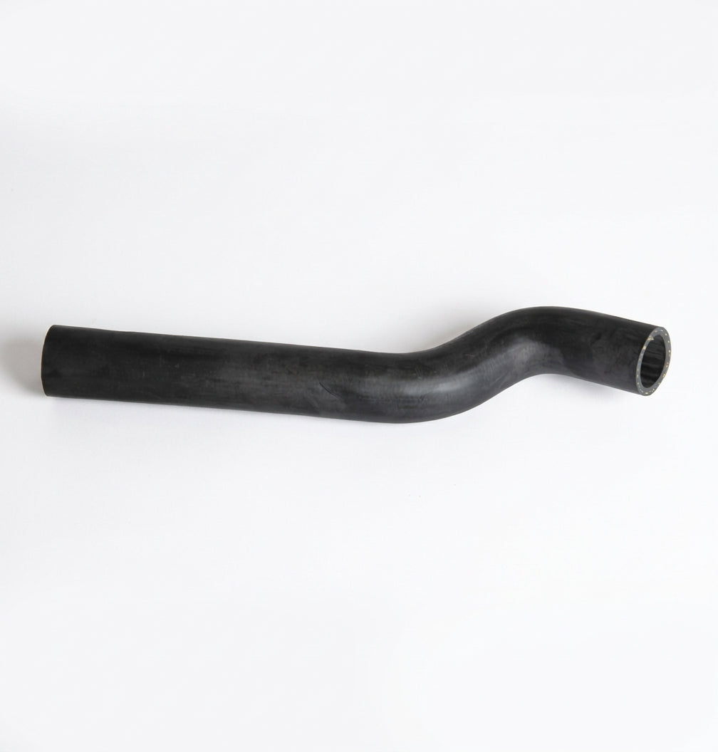 Black top radiator hose with a kinked bend, studio shot on white background