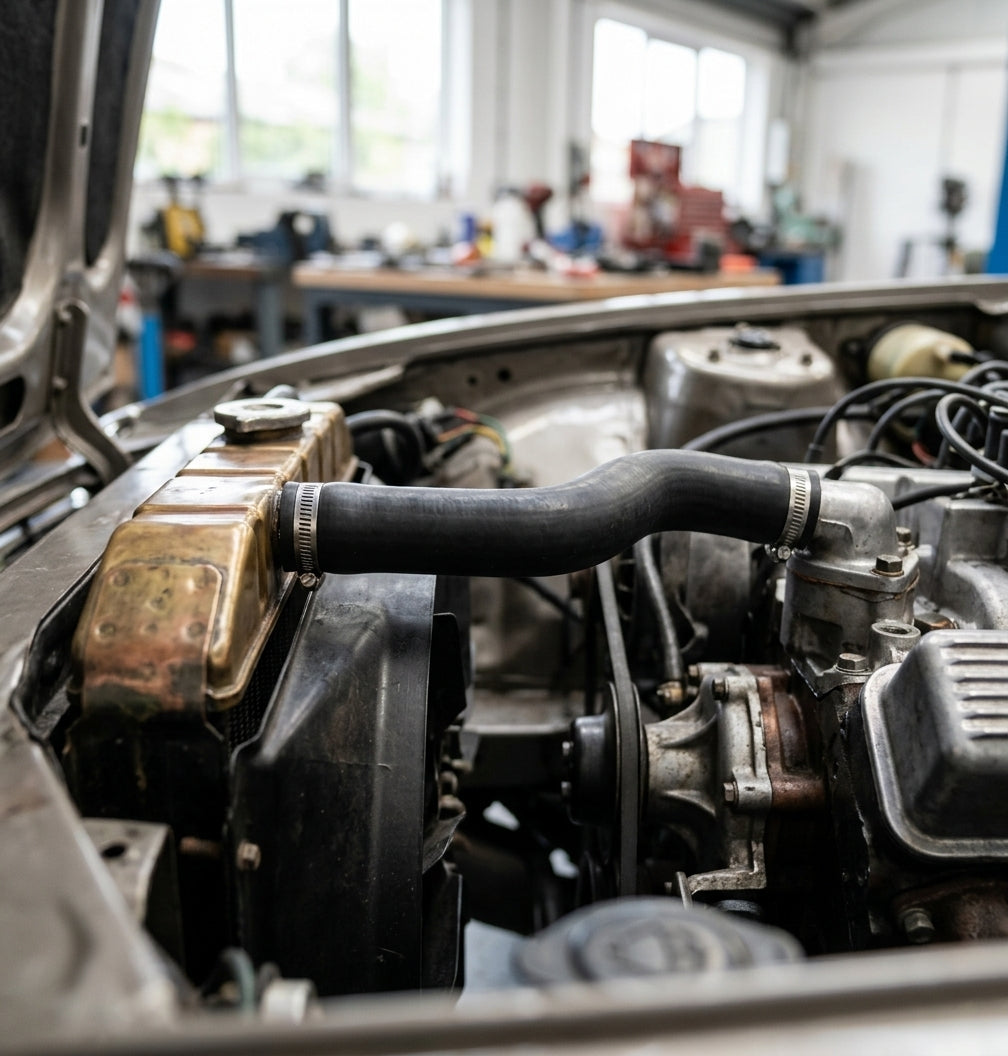 Black top radiator hose fitted between the radiator and cylinder head, engine bay view